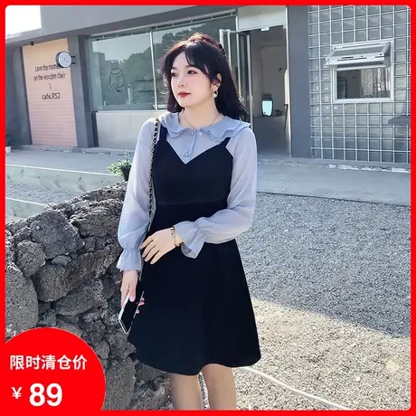 【清仓】显瘦连衣裙2024春季新款娃娃领减龄假两件长袖雪纺连衣裙商品大图