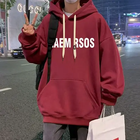酒红色加绒加厚纯棉卫衣男春秋季连帽美式潮牌情侣款宽松上衣外套商品大图