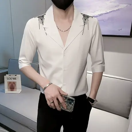 衬衫男短袖夏季个性潮牌古巴领刺绣七分袖衬衣设计感痞帅冰丝夏装商品大图