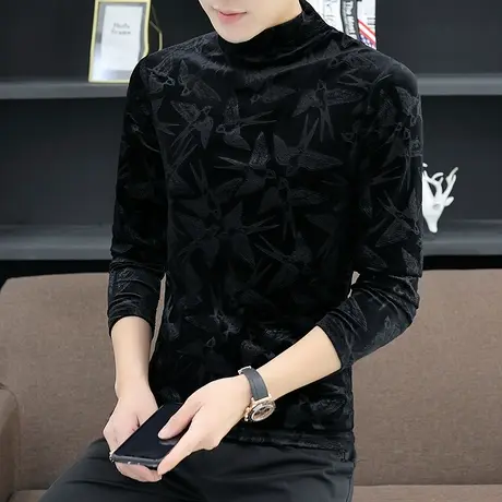 男士金丝绒长袖T恤春秋冬季半高领打底衫潮流加绒潮牌保暖上衣服商品大图