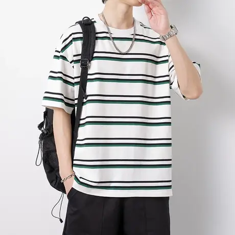 2023夏季男士休闲短袖体恤高街宽松T恤圆领男式条纹衫美式上衣服商品大图