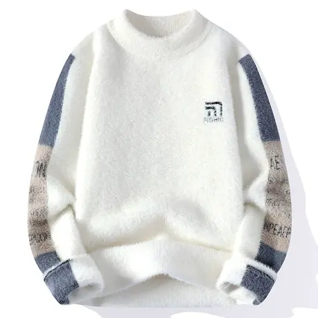 仿水貂绒毛衣男秋冬季加绒加厚圆领内搭打底衫软糯潮流半高领线衣商品大图