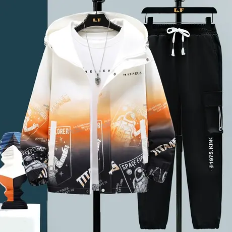 男生酷帅穿搭套装秋季潮牌潮流渐变宽松新款青少年夹克裤子两件套商品大图