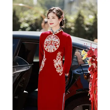 冬季旗袍敬酒服2023新款长袖年轻款高端高级感长款加厚订婚连衣裙图片