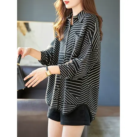 宝诗黎翻领条纹羊毛针织开衫薄上衣女2023年秋季新款宽松休闲衬衫图片