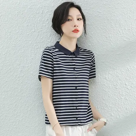 韩潮袭人polo领条纹短袖t恤女2024夏季新款宽松休闲体恤衫薄上衣商品大图