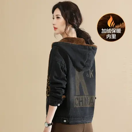 韩潮袭人连帽拼接加绒牛仔短外套女2023冬季新款休闲百搭夹克衫图片