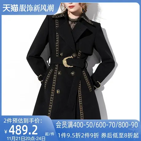 AUI黑色欧美设计感小众毛呢外套女冬2024新款气质中长款呢子大衣图片