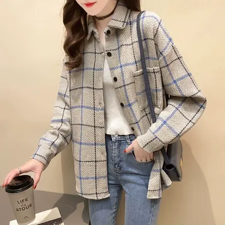 加厚格子撞色衬衫女春季上衣2023年新款韩版宽松百搭衬衣外套潮流图片