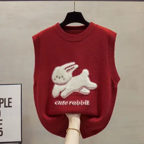 圆领红色针织马甲背心女2023秋装新款宽松外穿马夹叠穿毛衣坎肩潮商品大图