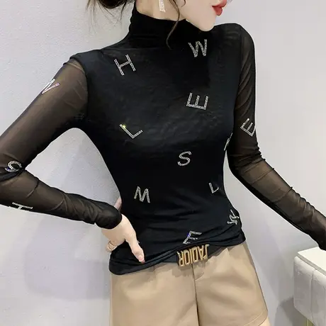 性感网纱打底衫女春装设计感小众烫钻半高领上衣纯色内搭长袖T恤商品大图