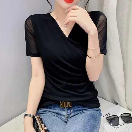 洋气网纱T恤女短袖2024夏装新款不规则交叉打底上衣性感V领体恤潮商品大图