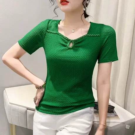 2024夏季新款时尚洋气蕾丝上衣女短袖性感镂空T恤百搭显瘦小衫ins商品大图
