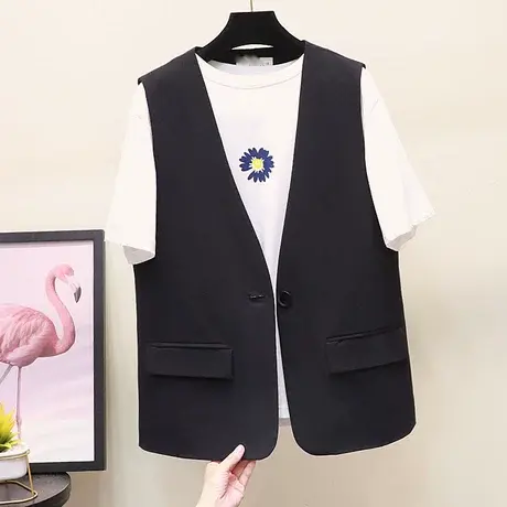 黑色马甲女一粒扣韩版时尚宽松V领上衣潮2023年春季新款纯色外套商品大图