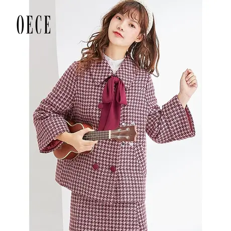 Oece冬装新款女 女生复古学院千鸟格呢子大衣外套商品大图