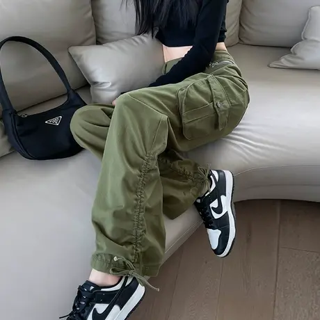 军绿色美式大口袋工装阔腿牛仔裤女秋季高腰显瘦直筒宽松辣妹裤子商品大图