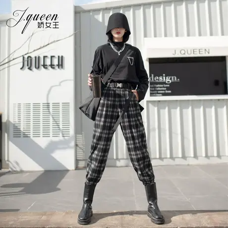 格子毛呢哈伦裤女2024春季新款复古宽松显瘦加绒束脚休闲萝卜裤子商品大图