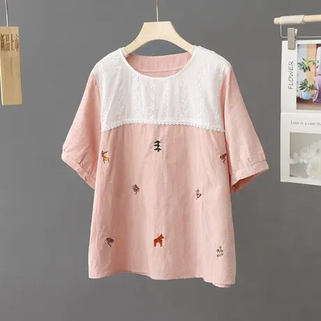 2024夏装新款文艺范刺绣圆领套头短袖t恤女宽松百搭休闲上衣女装商品大图
