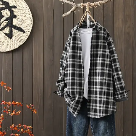 枫谜2020年冬季新款文艺复古加绒格子衬衫女宽松显瘦加厚保暖衬衣图片