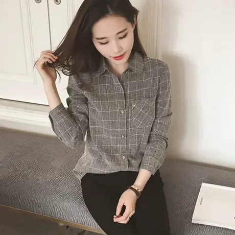 2020春新款韩版简约长袖格子棉麻衬衫女学生休闲百搭显瘦打底衬衣商品大图