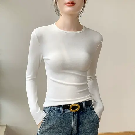 小圆领长袖T恤女春季纯色修身显瘦西装独特内搭上衣纯棉打底衫薄图片