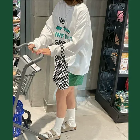 红续2023年春秋新款宽松字母百搭oversize长袖圆领套头卫衣薄款女商品大图