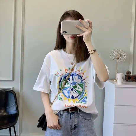 chic港风短袖t恤女2021新款白色宽松韩版ins欧美hiphop半袖上衣夏商品大图
