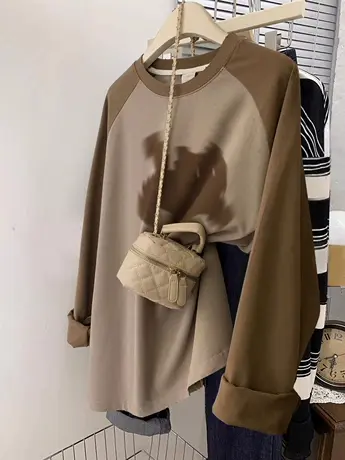 秋季薄款长袖T恤女港味复古chic大码插肩袖上衣ins潮高级感打底衫商品大图