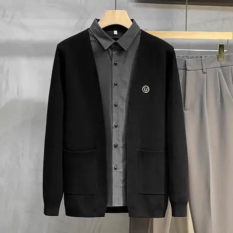 春秋季新款男士长袖针织开衫潮流衬衫领假两件毛衣男休闲毛衫外套商品大图