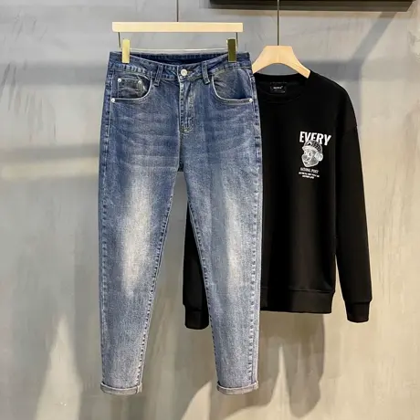 高级感牛仔裤男潮牌直筒修身弹力小脚裤男士长裤子春秋2023年新款图片