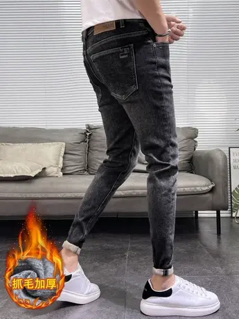 冬季加绒牛仔裤男青年时尚休闲弹力裤加厚保暖新款男士厚牛仔长裤图片