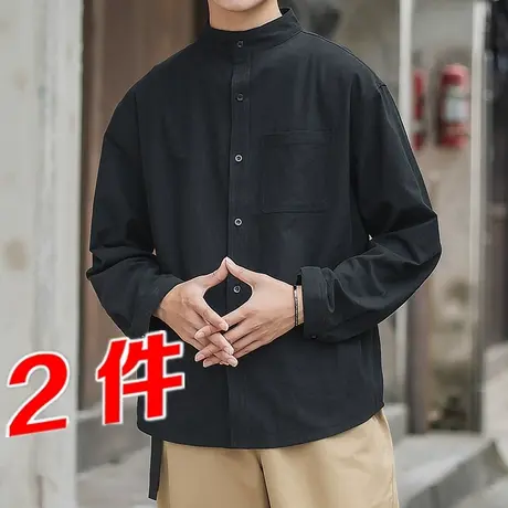 春秋衬衫男棉麻宽松中国古风男装大码胖子百搭长袖立领亚麻衬衣男商品大图