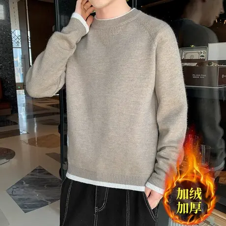 毛衣男士圆领秋冬季新款加绒加厚保暖打底针织羊毛衫时尚上衣服潮商品大图