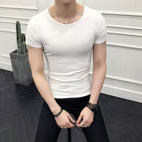 男士短袖t恤韩版简约纯色半袖体恤男春夏薄款低领打底紧身小衫潮商品大图