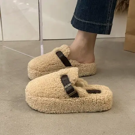 包头半拖鞋女外穿2023年秋冬季新款超火小众毛绒拖鞋松糕厚底棉拖图片