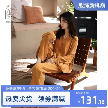 妮狄娅新款睡衣女士春秋纯棉长袖复古开衫休闲宽松简约家居服套装商品大图