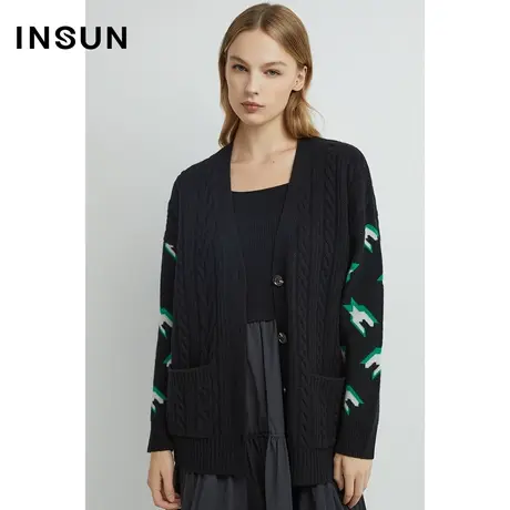 INSUN恩裳奥莱秋季绞花工艺千鸟格羊毛针织衫商品大图