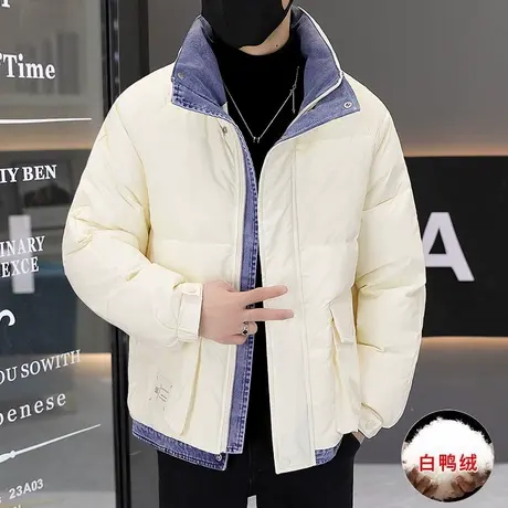 拼接牛仔领痞帅假两件羽绒服男冬季潮牌宽松男女情侣款白鸭绒外套图片