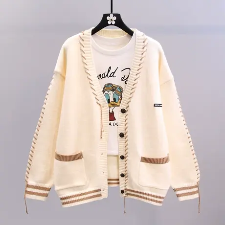 复古设计感V领毛衣外套女秋冬2023年新款宽松慵懒风休闲针织开衫商品大图