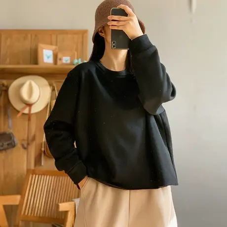 dza 复古纯色圆领套头加绒卫衣女士冬季新款宽松休闲文艺长袖上衣图片