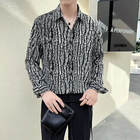 潮男痞帅长袖衬衫秋季新款设计感百搭树皮纹高级衬衣潮流休闲上衣商品大图