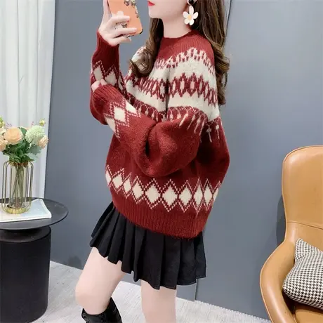 日系复古菱形套头软糯毛衣女秋冬2023新款宽松慵懒风小个子针织衫商品大图