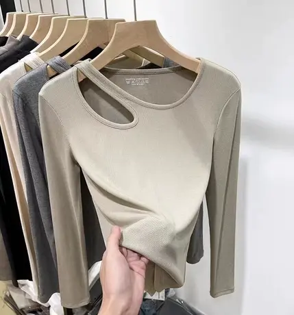 挂脖小众别致t恤女秋季2023新款正肩不规则镂空修身显瘦打底上衣商品大图