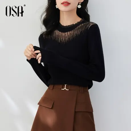 OSA欧莎黑色半高领长袖针织衫女秋装2022年新款打底毛衣内搭上衣商品大图