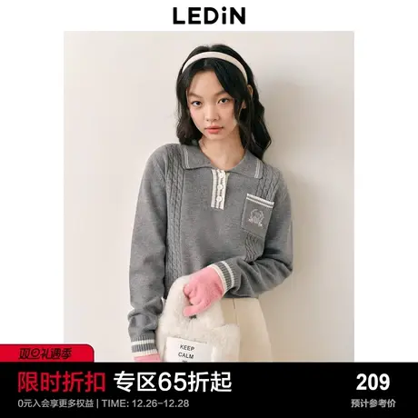 乐町休闲POLO领针织套头衫女秋冬新款学院风短款绞花毛衣商品大图