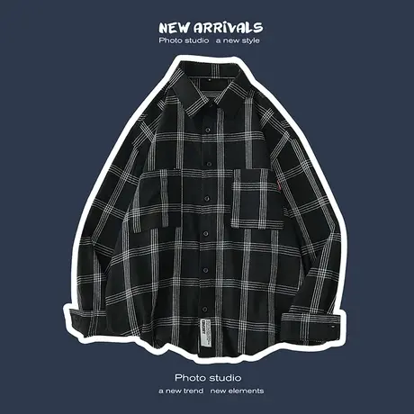 长袖衬衫男潮流春秋季休闲青年宽松衬衣青年工装帅气大码格子寸衣商品大图