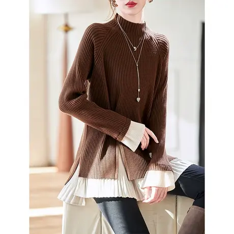 宝诗黎假两件百褶拼接针织衫2024春季设计感半高领百搭打底上衣女图片