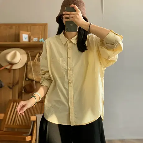 dza 复古纯色全棉长袖衬衫女2024春新款宽松百搭衬衣短款休闲衬衣图片