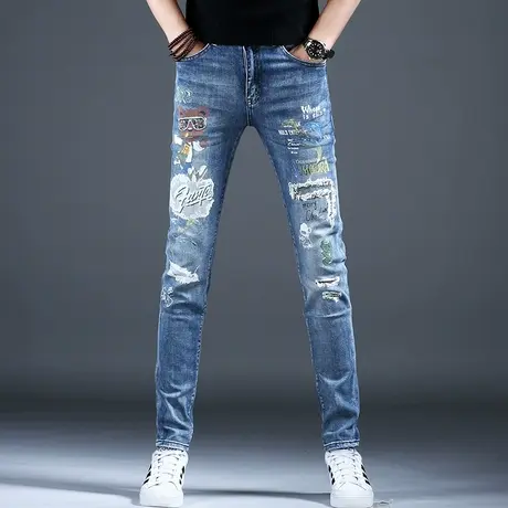 欧洲站时尚印花牛仔裤男款小脚裤子高端潮牌2024新款春秋休闲长裤商品大图