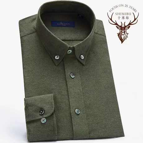 十米布新款墨绿纯棉衬衫尖领扣领男长袖纯棉修身易打理全棉衬衣商品大图